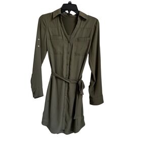 Express Olive Green Long Sleeve Shirt Dress Belted XS Casual Career